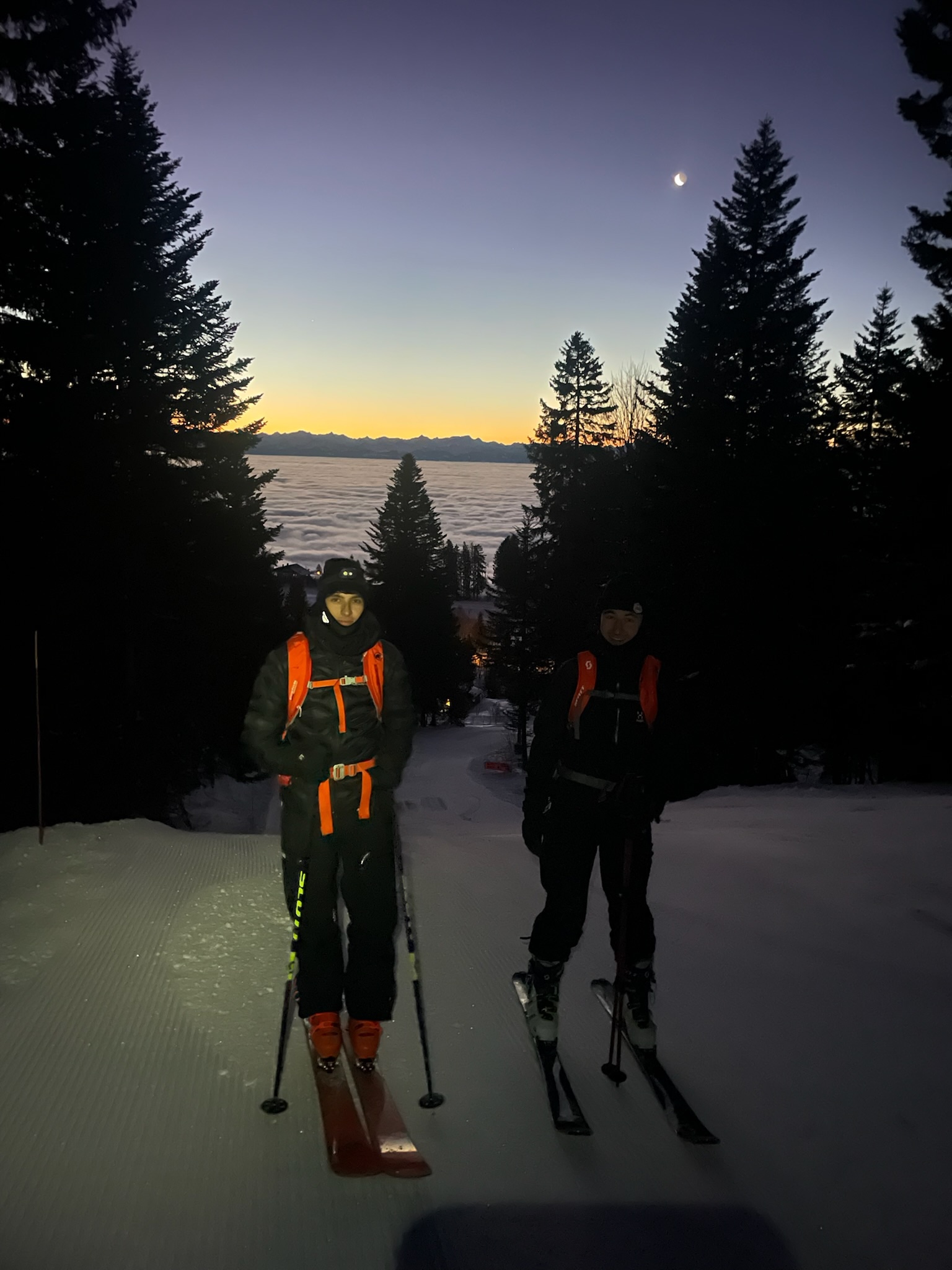 Night ski touring in the mountains